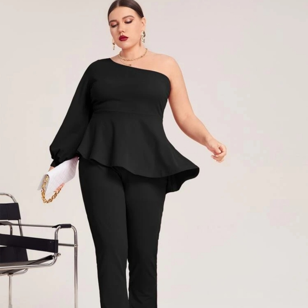 SHEIN Plus One Shoulder Peplum Top and Pants